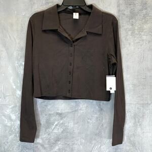 ABOUND Women's Gray Dark Charcoal Heather Button-Front Collared Long Sleeve Crop